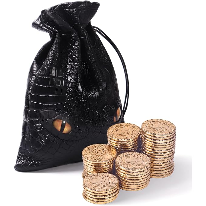 Byhoo 50 PCS Metal Dnd Coins with PU Leather Bag, Fantasy Gold Coins for Board Games, Game Tokens for Tabletop Rpg Games, Black Dragon Bag D and D Coins Collection, Mid-century Retro Gaming Accessories - Image 1