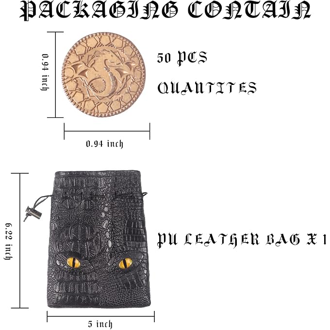 Byhoo 50 PCS Metal Dnd Coins with PU Leather Bag, Fantasy Gold Coins for Board Games, Game Tokens for Tabletop Rpg Games, Black Dragon Bag D and D Coins Collection, Mid-century Retro Gaming Accessories - Image 3