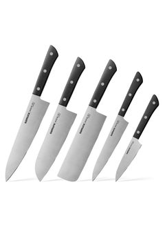 Samura Harakiri Set of 5 Kitchen Knives | Black | Paring, Utility, Nakiri, Santoku, Chef's Knife | AUS-8 Stainless Steel Blade | ABS Plastic Handles | Easy To Use | Lightweight | Corrosion Resistant