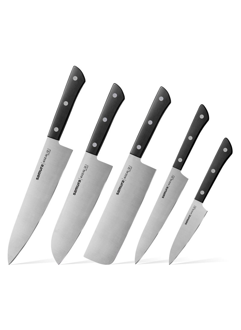Samura - Samura Harakiri Set of 5 Kitchen Knives | Black | Paring, Utility, Nakiri, Santoku, Chef's Knife | AUS-8 Stainless Steel Blade | ABS Plastic Handles | Easy To Use | Lightweight | Corrosion Resistant - Image 1