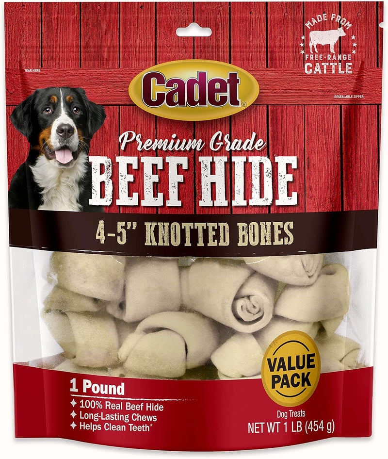 Cadet Premium Grade Beef Hide Dog Chews 45 LongLasting Knotted Rawhide Bones SingleIngredient Natural Flavor 1 Pound - Image 1