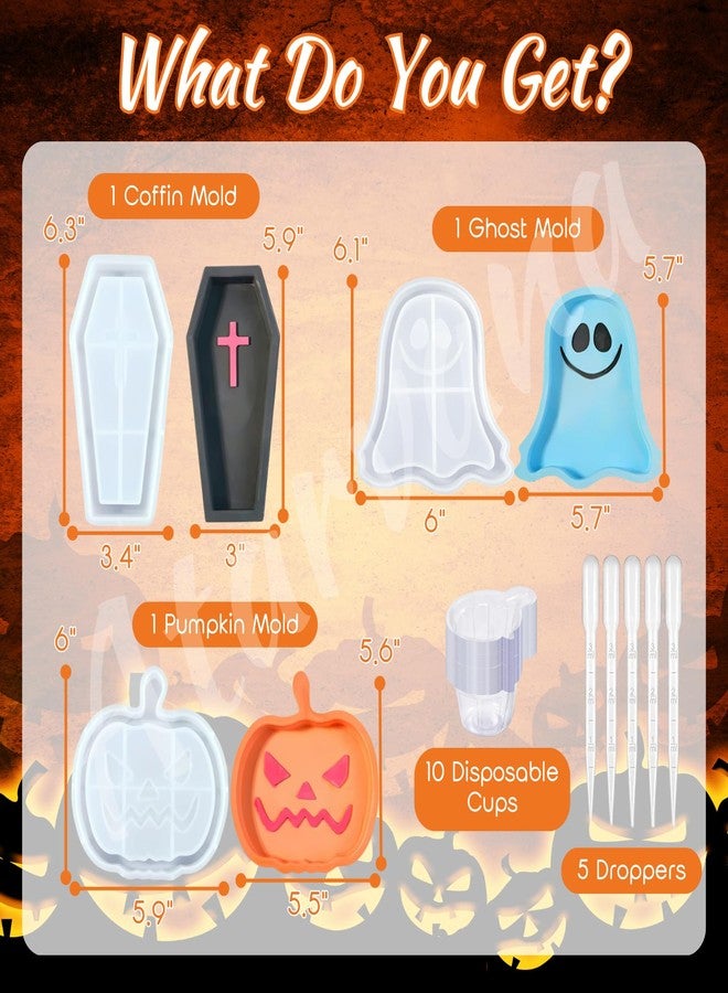 Atarvana 3PCS Halloween Resin Tray Molds Set for DIY Casting Craft, Atarvana Halloween Resin Molds w/ 5 Droppers & 10 Disposable Mixing Cups-Pumpkin, Coffin, Ghost - Image 3