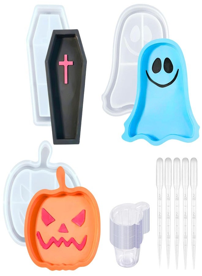 Atarvana 3PCS Halloween Resin Tray Molds Set for DIY Casting Craft, Atarvana Halloween Resin Molds w/ 5 Droppers & 10 Disposable Mixing Cups-Pumpkin, Coffin, Ghost - Image 1