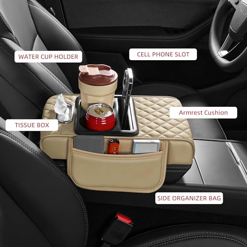 BDFHYK AuraSettle 5 in 1 Car Center Console Cover Armrest Pad with 2 Storage Pockets Cup Holder Tissue Slot Phone Holder Nappa Leather Memory Foam Car Accessories for SUV Sedan Truck Beige - Image 3