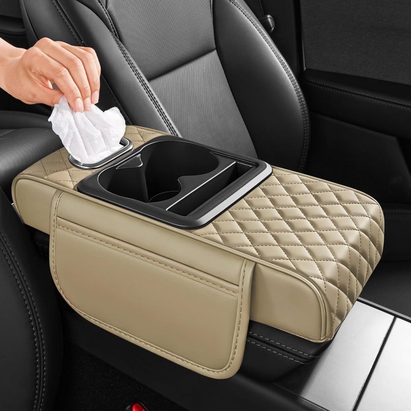 BDFHYK AuraSettle 5 in 1 Car Center Console Cover Armrest Pad with 2 Storage Pockets Cup Holder Tissue Slot Phone Holder Nappa Leather Memory Foam Car Accessories for SUV Sedan Truck Beige - Image 2