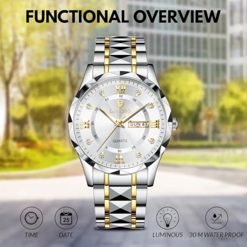 Longbo Zenith Watch for Men Analog Quartz Dress Diamond Business Stainless Steel Watches Waterproof Luminous Date Luxury Men’s Wristwatch | Birthday Gift For Men | Gift For Husband | Gift For Brother (Silver-Gold-Silver) - Image 3