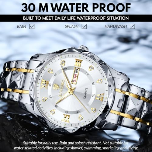 Longbo Zenith Watch for Men Analog Quartz Dress Diamond Business Stainless Steel Watches Waterproof Luminous Date Luxury Men’s Wristwatch | Birthday Gift For Men | Gift For Husband | Gift For Brother (Silver-Gold-Silver) - Image 5