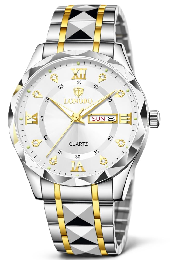 Longbo Zenith Watch for Men Analog Quartz Dress Diamond Business Stainless Steel Watches Waterproof Luminous Date Luxury Men’s Wristwatch | Birthday Gift For Men | Gift For Husband | Gift For Brother (Silver-Gold-Silver) - Image 1