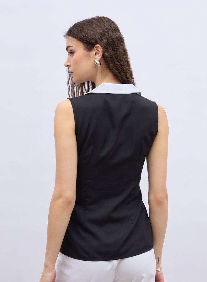 Styli Contrast Notch Lapel Sleeveless Top with Bow Detail - Image 5