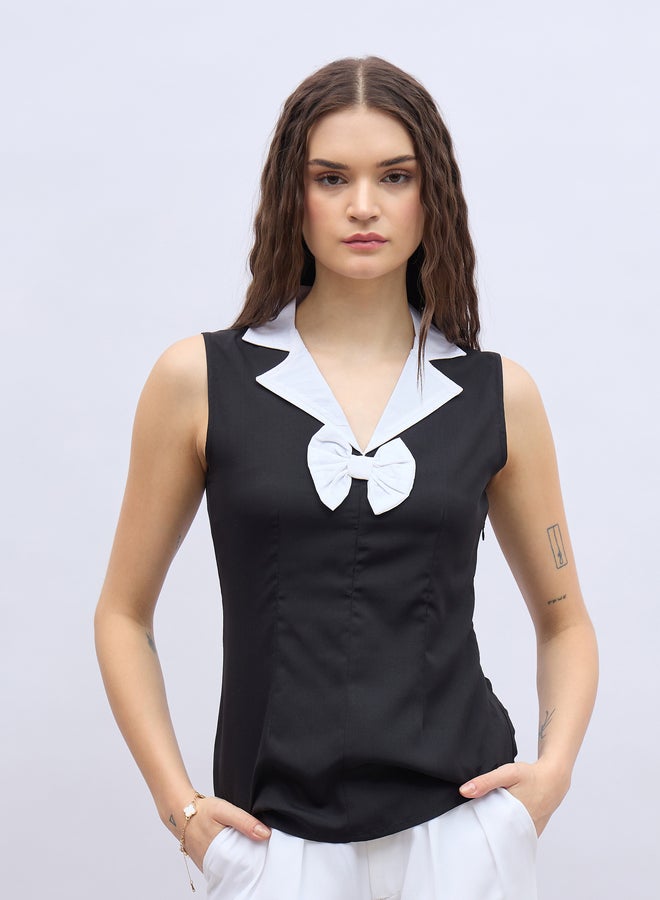 Styli Contrast Notch Lapel Sleeveless Top with Bow Detail - Image 2