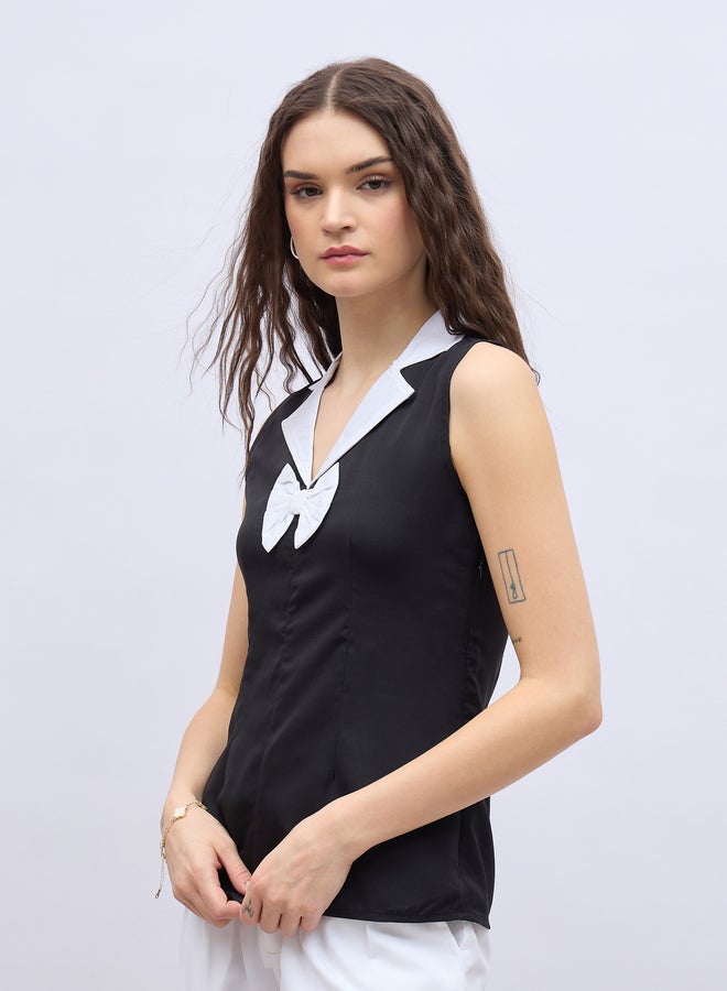 Styli Contrast Notch Lapel Sleeveless Top with Bow Detail - Image 3