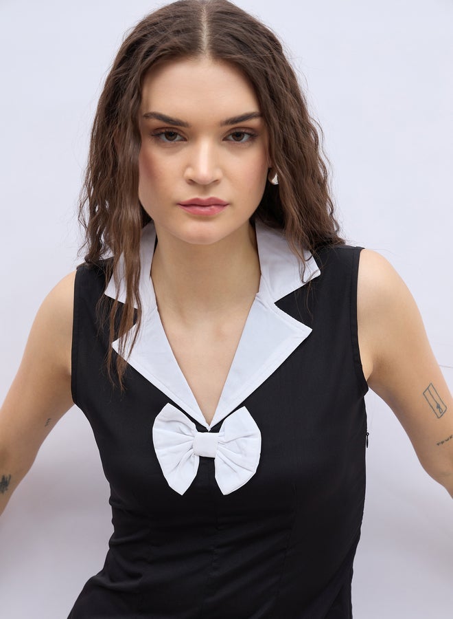 Styli Contrast Notch Lapel Sleeveless Top with Bow Detail - Image 4