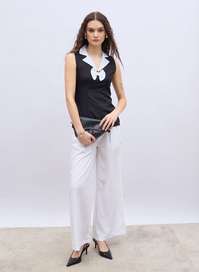 Styli Contrast Notch Lapel Sleeveless Top with Bow Detail - Image 2
