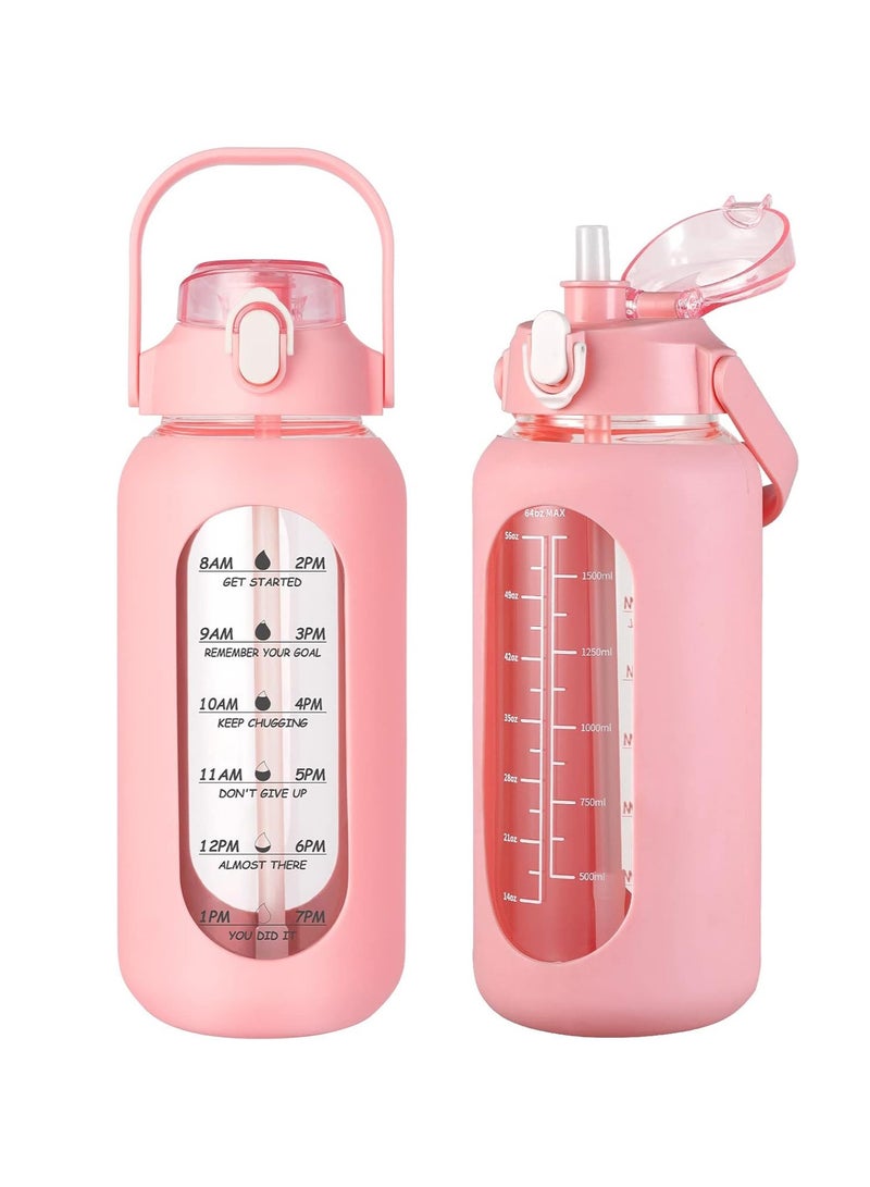 Arabest 64oz Glass Water Bottles with Straw, Half Gallon Motivational Glass Bottle with Silicone Sleeve and Time Marker, 2L Leakproof Large Glass Water Jug for Gym Home Office,Pink  - Image 1
