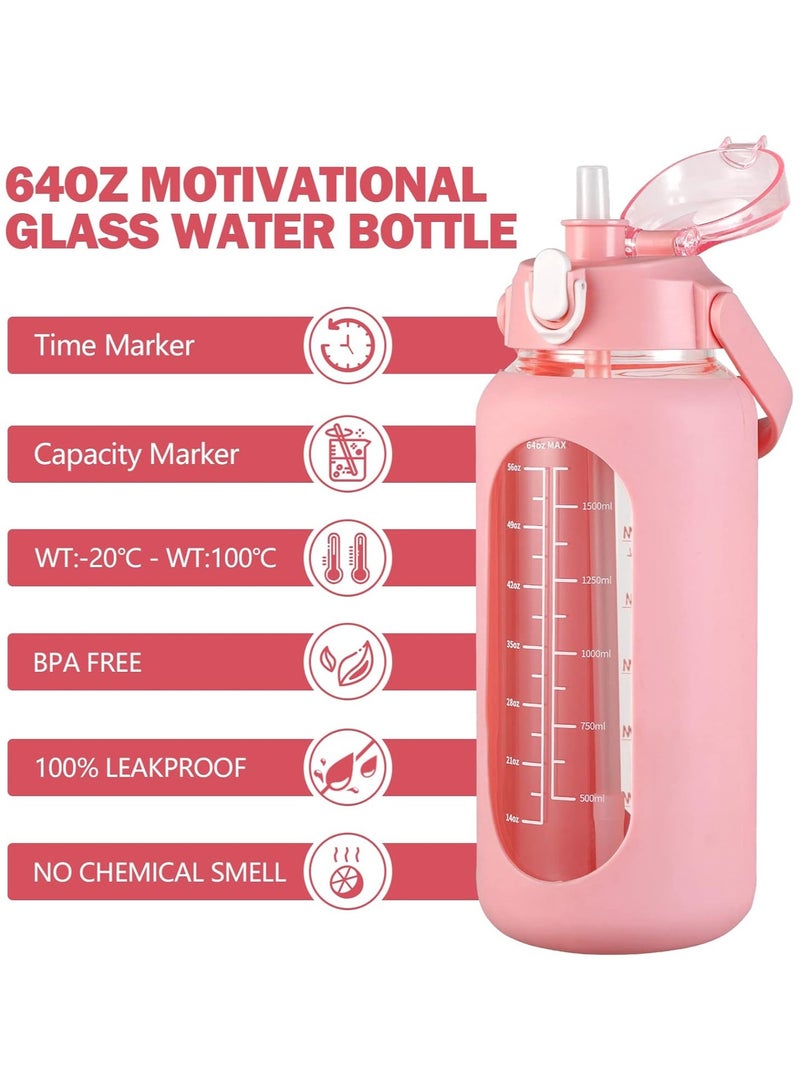Arabest 64oz Glass Water Bottles with Straw, Half Gallon Motivational Glass Bottle with Silicone Sleeve and Time Marker, 2L Leakproof Large Glass Water Jug for Gym Home Office,Pink  - Image 3