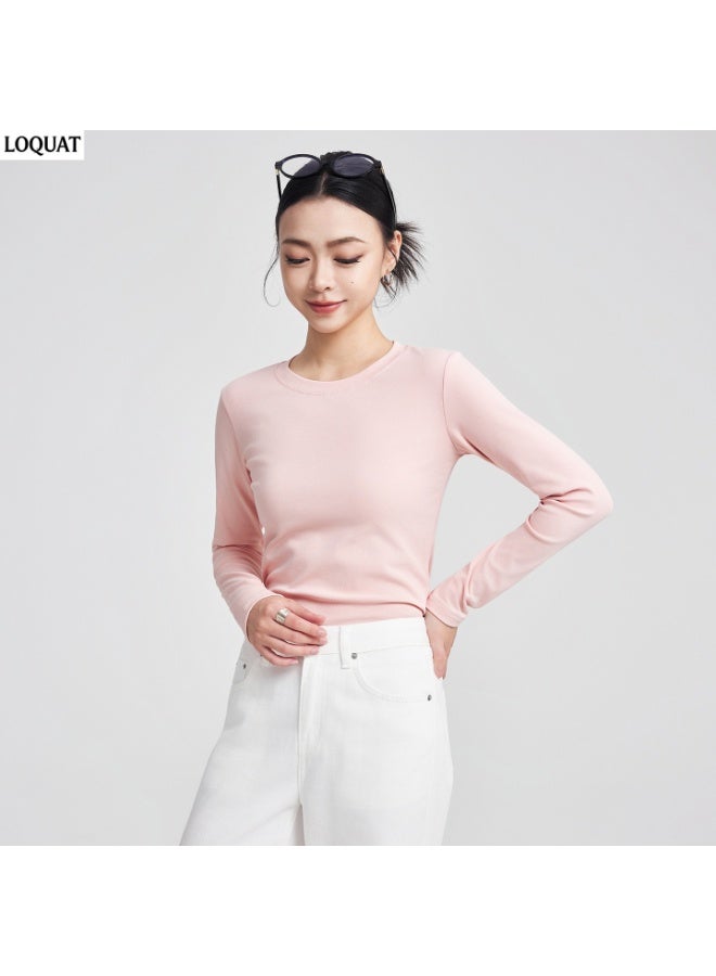 Loquat Women's Round Neck Slim-Fit Long-Sleeved T-Shirt , Slightly Cinched Waist Straight-Shoulder Base Layer Top, Breathable Soft Cotton Blend Casual Top for Commuting Work Dating, Pink - Image 1