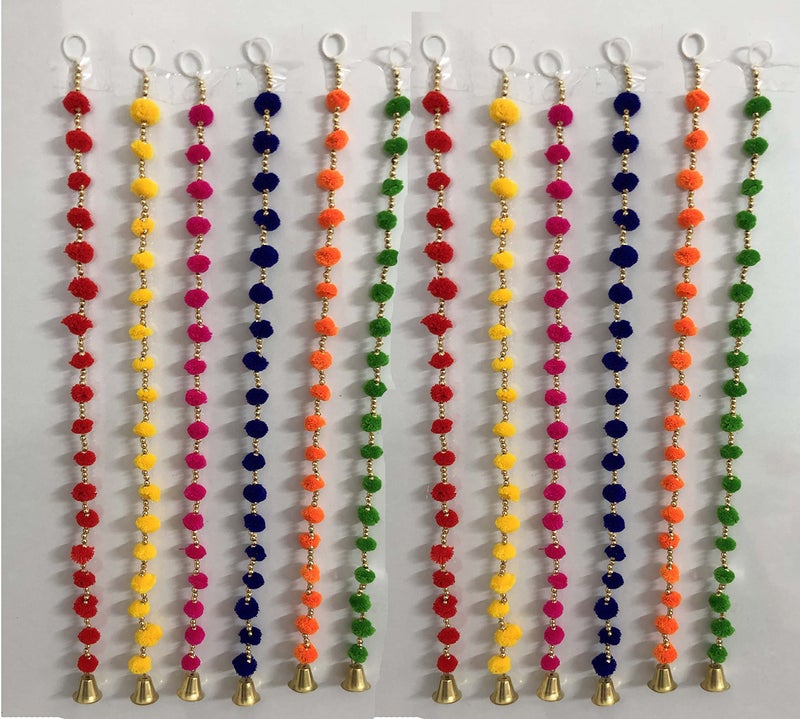 Aahum Handmade WallDoor Hangings 1 Ft.Strings MultiColor PomPom Torans Garland Bandhanwar Golden Bells Temple,Ganesha Decoration Home Décor Diwali,Festival,Navratri,Wedding,Party(1 FT 12 Strings) - Image 1