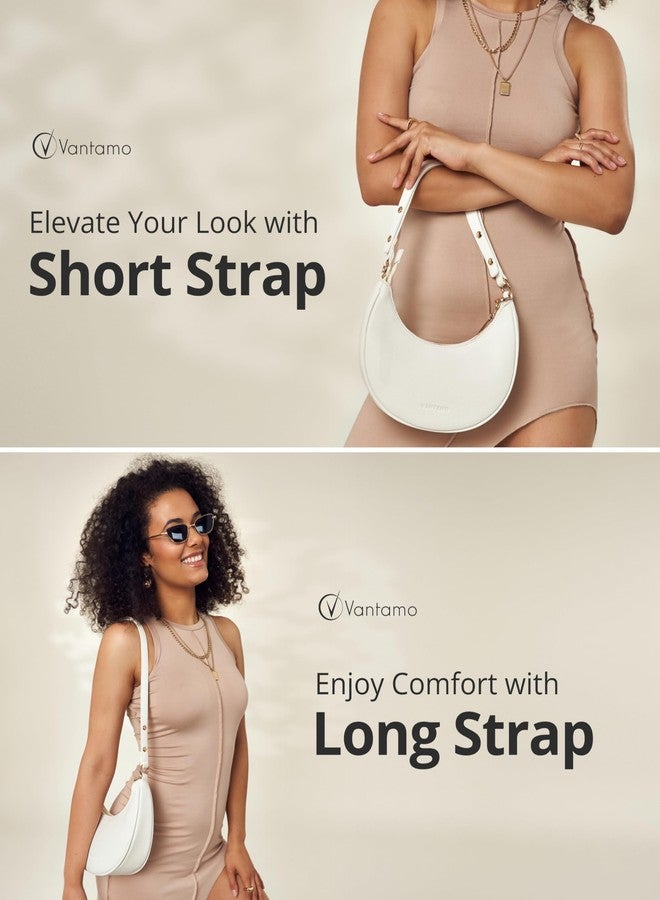 Vantamo Women's half-moon bag made of faux leather, with RFID anti-theft protection, adjustable shoulder strap, gold zippers and anti-pickpocket clip, ideal for everyday use., white, M - Image 3