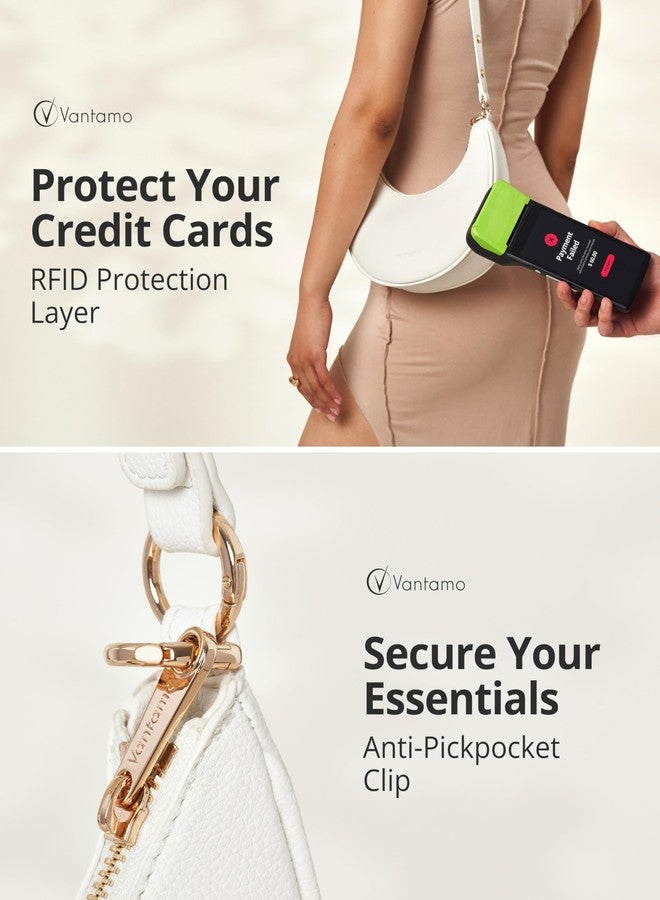 Vantamo Women's half-moon bag made of faux leather, with RFID anti-theft protection, adjustable shoulder strap, gold zippers and anti-pickpocket clip, ideal for everyday use., white, M - Image 5