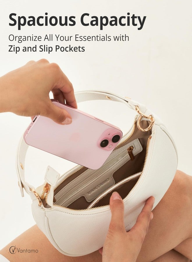 Vantamo Women's half-moon bag made of faux leather, with RFID anti-theft protection, adjustable shoulder strap, gold zippers and anti-pickpocket clip, ideal for everyday use., white, M - Image 4