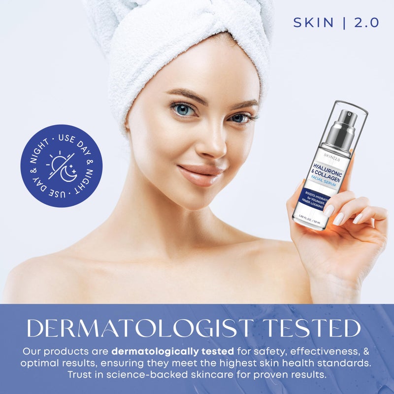 Skin 2.0 سيروم الوجه حمض الهيالورونيك والكولاجين 2.0 - مختبر من قبل أطباء الجلد، شد البشرة، مرطب - مضاد للشيخوخة، جمال نظيف، خالي من القسوة، العناية بالبشرة الكورية لجميع أنواع البشرة - 1.69 أونصة سائلة - Image 5