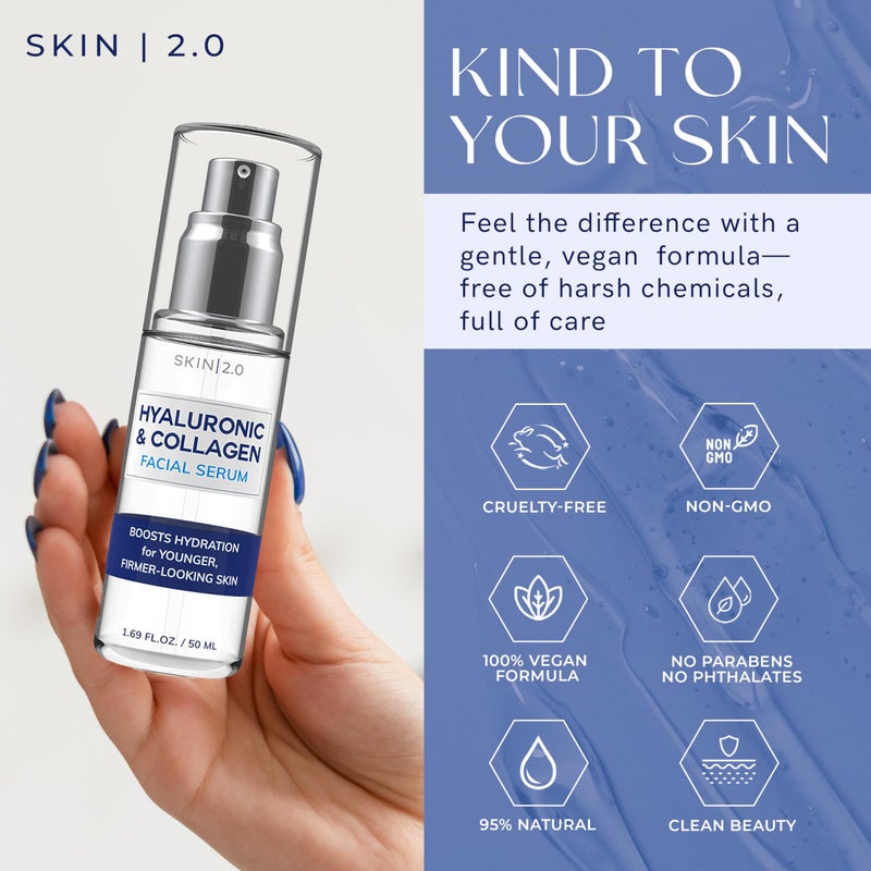 Skin 2.0 سيروم الوجه حمض الهيالورونيك والكولاجين 2.0 - مختبر من قبل أطباء الجلد، شد البشرة، مرطب - مضاد للشيخوخة، جمال نظيف، خالي من القسوة، العناية بالبشرة الكورية لجميع أنواع البشرة - 1.69 أونصة سائلة - Image 3