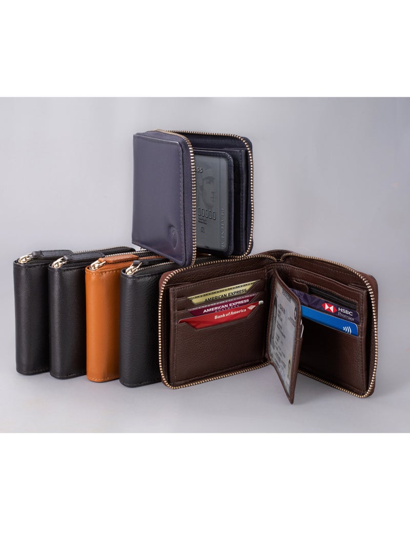 SKENZBI Zipper Wallet for Men Genuine Leather Bifold  Multi Card Holder Rfid Protected Black Orange - Image 3