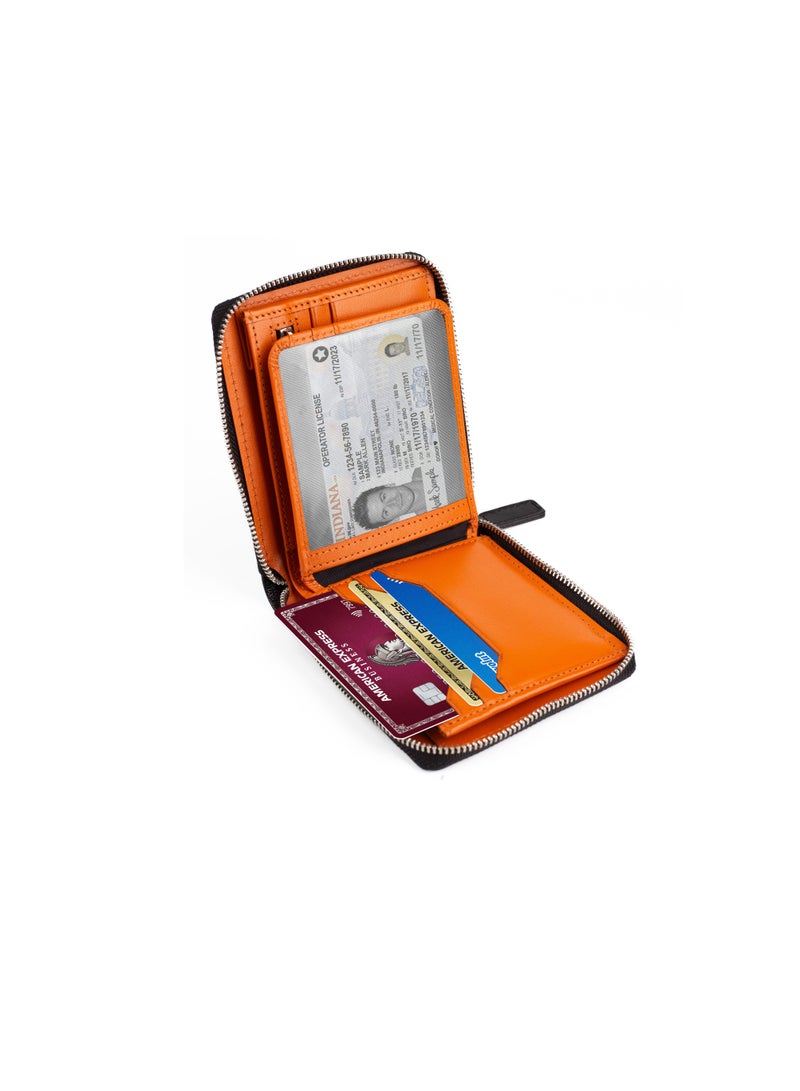 SKENZBI Zipper Wallet for Men Genuine Leather Bifold  Multi Card Holder Rfid Protected Black Orange - Image 5