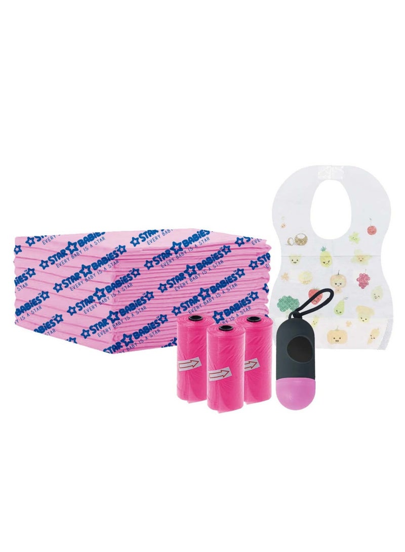 STAR BABiES Combo Packs Changing Mat 45 X 60Cm 10Pcs, Scented Bag Pack Of 3 W/Dispenser 45Bags, Bibs 10Pcs-Pink  - Image 1