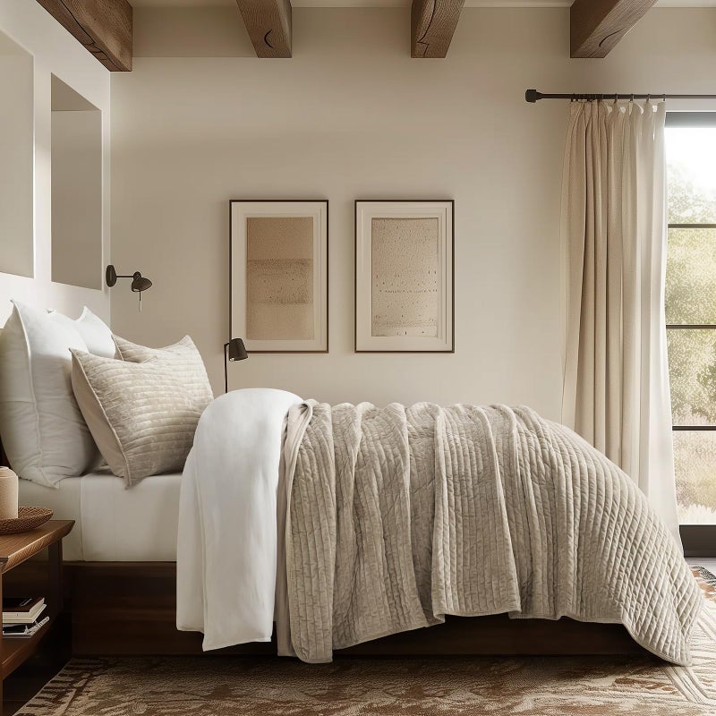 EVERGRACE Velvet Quilt Set Queen Size, Luxurious Soft Striped Channel Bedding Set, Lightweight Velvet Comforter for All Season, Oversized Bedspread Coverlet with 2 Matching Shams, Beige Taupe - Image 5