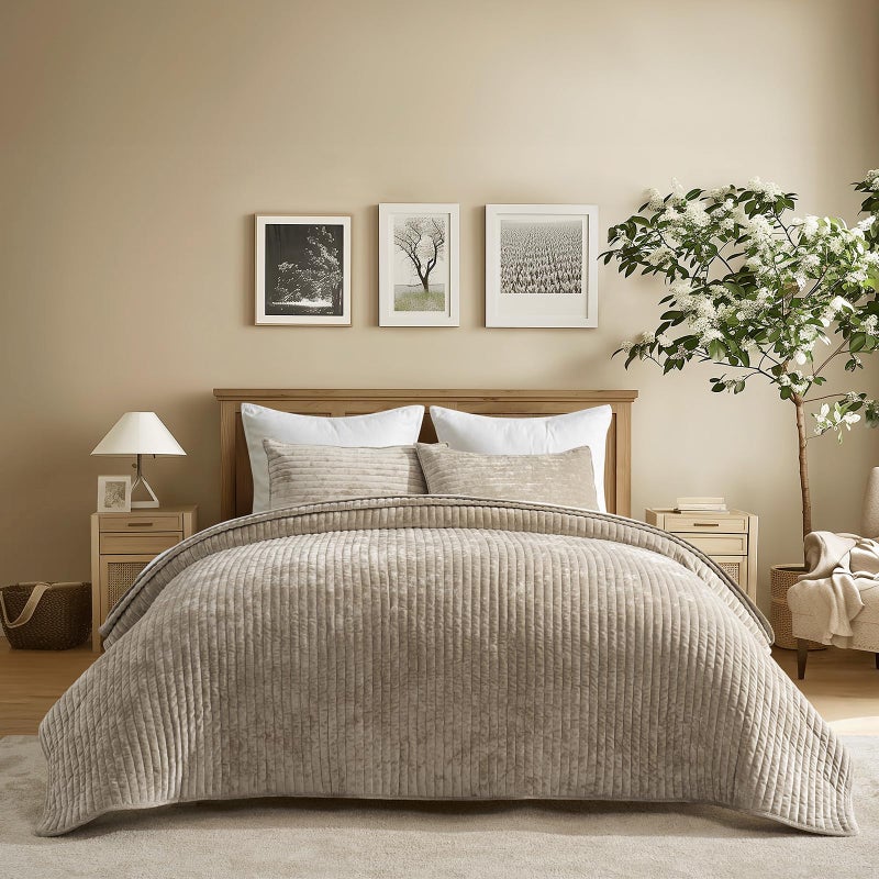 EVERGRACE Velvet Quilt Set Queen Size, Luxurious Soft Striped Channel Bedding Set, Lightweight Velvet Comforter for All Season, Oversized Bedspread Coverlet with 2 Matching Shams, Beige Taupe - Image 1