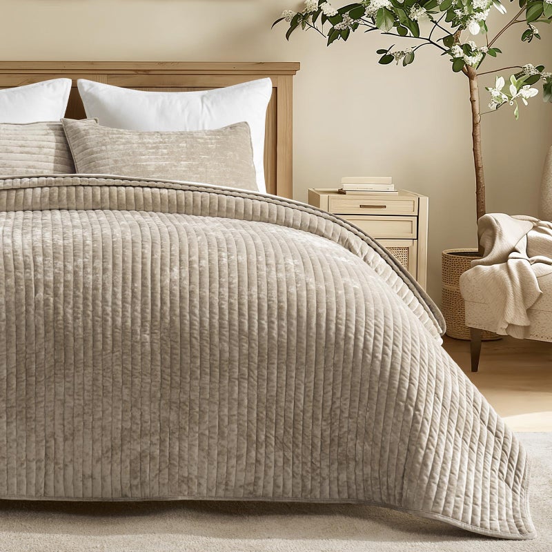 EVERGRACE Velvet Quilt Set Queen Size, Luxurious Soft Striped Channel Bedding Set, Lightweight Velvet Comforter for All Season, Oversized Bedspread Coverlet with 2 Matching Shams, Beige Taupe - Image 2