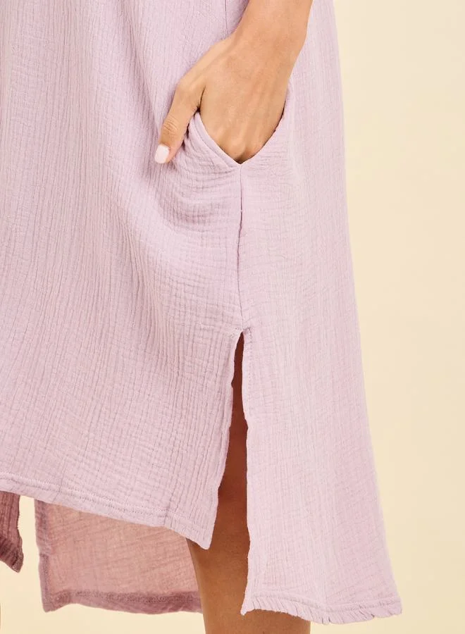 Styli Cotton Gauze V Neck Nightdress with Pocket Detail