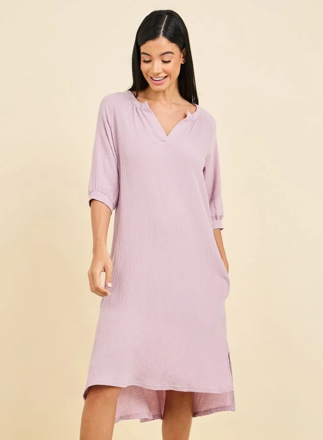 Styli Cotton Gauze V Neck Nightdress with Pocket Detail