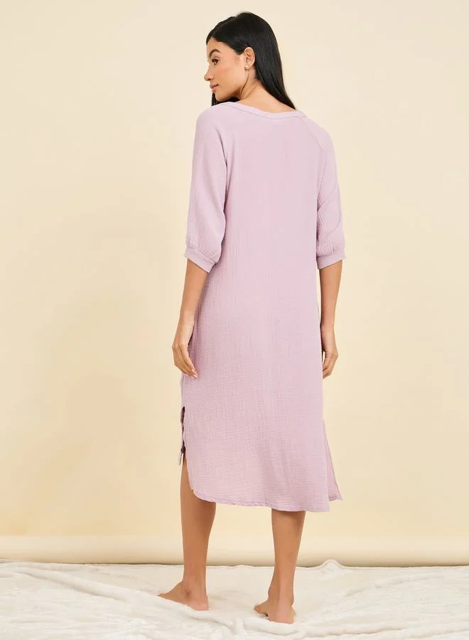 Styli Cotton Gauze V Neck Nightdress with Pocket Detail