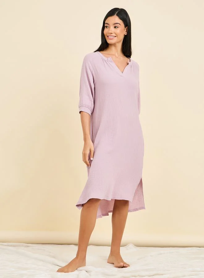 Styli Cotton Gauze V Neck Nightdress with Pocket Detail
