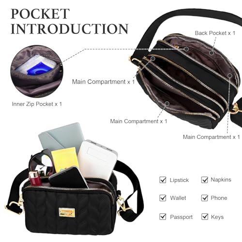 WITERY Small Crossboby Purse for Women - Waterproof Nylon Crossbody Phone Bag Shoulder Bag with Adjustable Strap, Lightweight Ladies Quilted Multi-Pocket Small Purses Travel Handbags - Image 4