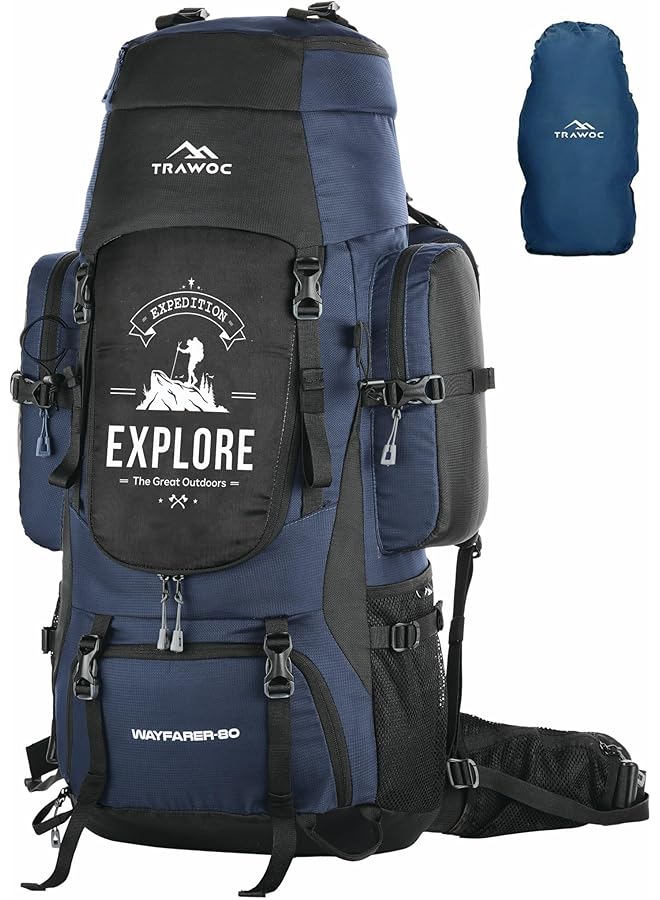 Trawoc حقيبة ظهر للتخييم والمشي لمسافات طويلة بسعة 80 لتر للرجال والنساء مع غطاء مطري/حجرة للأحذية BHK004 - Image 1