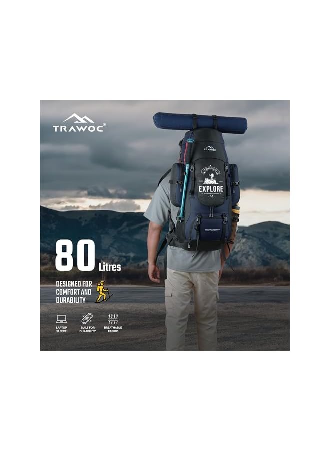 Trawoc حقيبة ظهر للتخييم والمشي لمسافات طويلة بسعة 80 لتر للرجال والنساء مع غطاء مطري/حجرة للأحذية BHK004 - Image 4