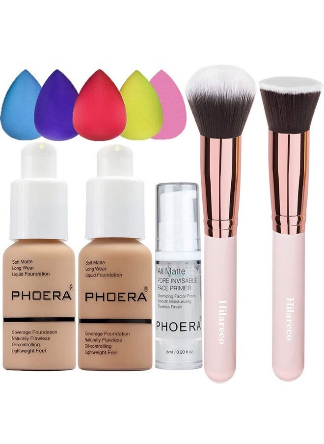 Hilareco - Phoera Foundation 104 And 105 & Face Primer,Liquid Full Coverage Foundation Set,Foundation Brush Powder Brush,5 Makeup Sponge,30Ml Phoera 24Hr Matte Oil Control Concealer (104 Buff Beige + 105 Sand) - Image 1