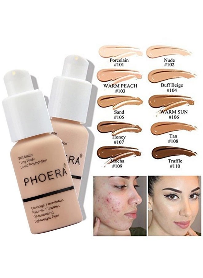 Hilareco - Phoera Foundation 104 And 105 & Face Primer,Liquid Full Coverage Foundation Set,Foundation Brush Powder Brush,5 Makeup Sponge,30Ml Phoera 24Hr Matte Oil Control Concealer (104 Buff Beige + 105 Sand) - Image 1