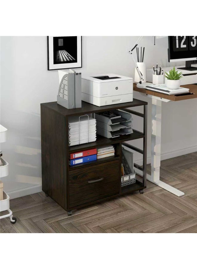 خزانة الملفات ، رف تخزين مفتوح للطابعة مع عجلات ، جدول وثيقة أرضية الخزانة الجانبية الخشبية مع درج ، منظم مساحة أثاث المكتب المنزلي ، 60 * 40 * 73 سم (WJG005 ، البني) - Image 1