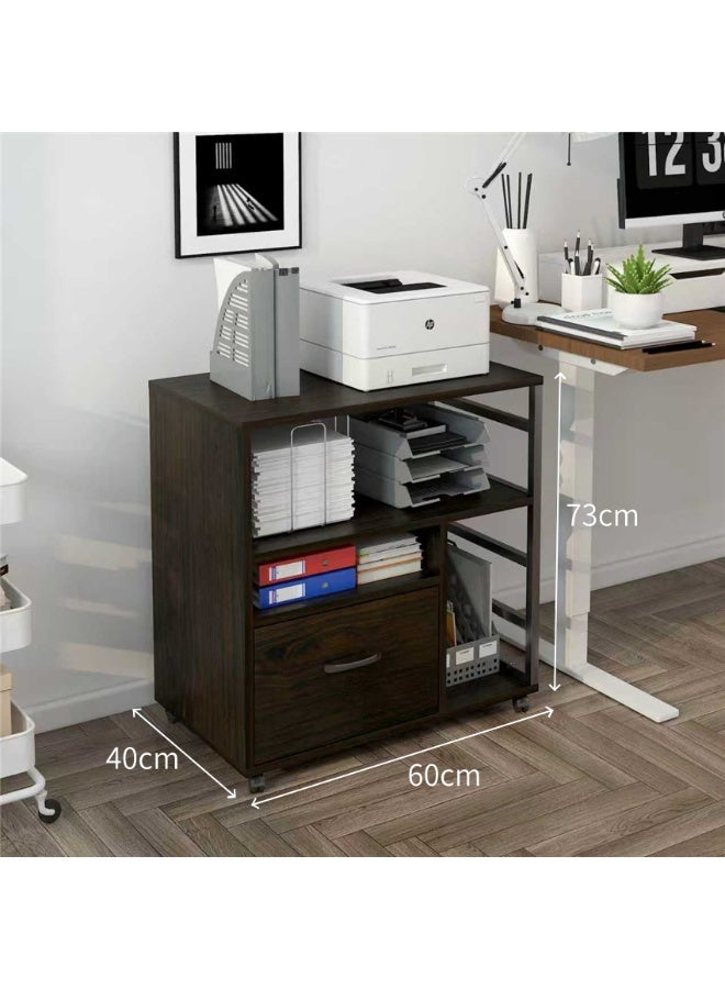 خزانة الملفات ، رف تخزين مفتوح للطابعة مع عجلات ، جدول وثيقة أرضية الخزانة الجانبية الخشبية مع درج ، منظم مساحة أثاث المكتب المنزلي ، 60 * 40 * 73 سم (WJG005 ، البني) - Image 2