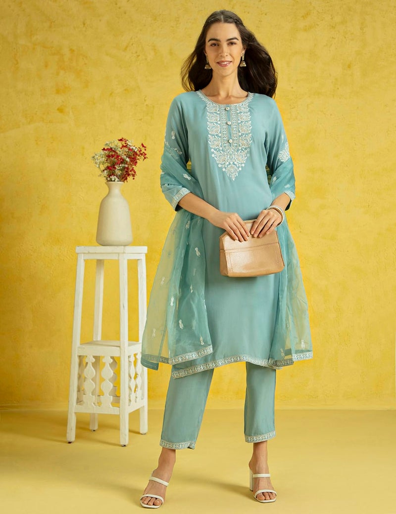 Kaari Women Rayon Staple Staple 7525 Kurta Set (KAAAW24WSKD-82022_Indian Ocean Blue_L) - Image 2