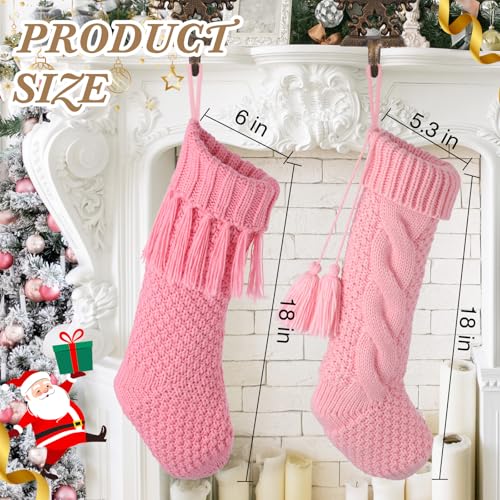 steo spce 5 Pack Pink White Farmhouse Christmas Stockings Rustic Boho Vintage Cable Knit Set Includes 3 Small 15 Pink and 2 Large 18 White Stockings for Fireplace Mantel Holiday Dcor - Image 3