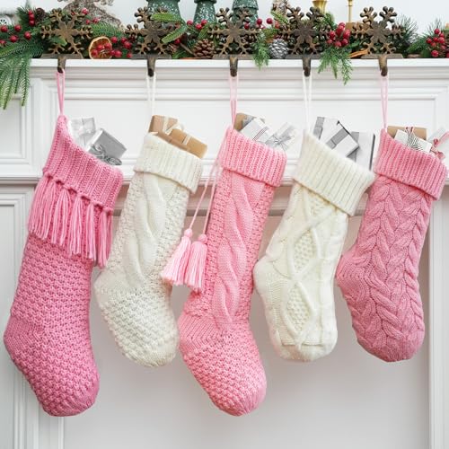 steo spce 5 Pack Pink White Farmhouse Christmas Stockings Rustic Boho Vintage Cable Knit Set Includes 3 Small 15 Pink and 2 Large 18 White Stockings for Fireplace Mantel Holiday Dcor - Image 1
