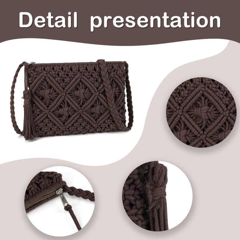 Gladdon Bohemian Small Crossbody Bag for Women Stylish Woven Shoulder Purses with Tassel Coffee - Image 5