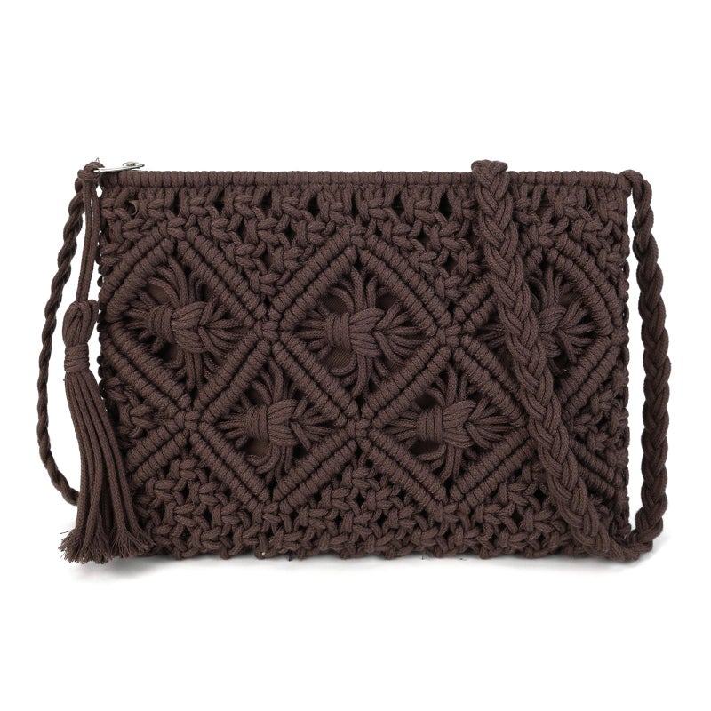 Gladdon Bohemian Small Crossbody Bag for Women Stylish Woven Shoulder Purses with Tassel Coffee - Image 1