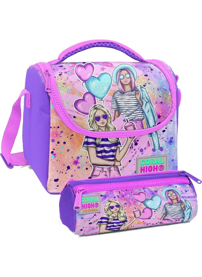 CORAL HIGH Pink Purple Fashion Girl Patterned Girl Thermal Insulated Lunch Bag and Pencil Case Set  - Image 1