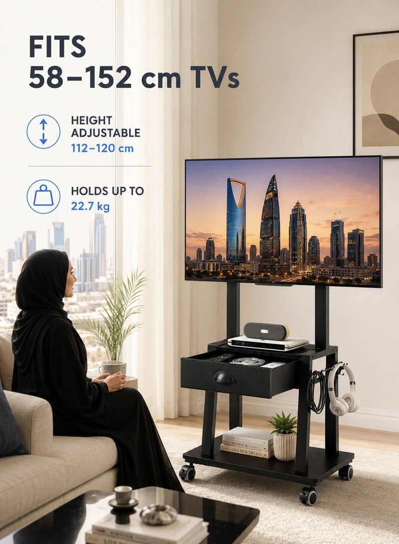 قف حامل تلفزيون متحرك مع درج مناسب لشاشات 23-60 بوصة / 58-152 سم، طاولة تلفزيون بعجلات مع رفوف تخزين، حامل أرضي قابل لتعديل الارتفاع والإمالة ±15 درجة، مع خطاف جانبي وعجلات قابلة للقفل لغرفة النوم والصالة والمكتب، أسود - Image 3